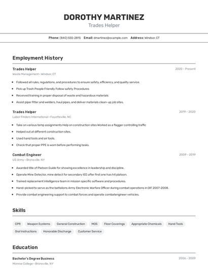 Trades Helper Resume