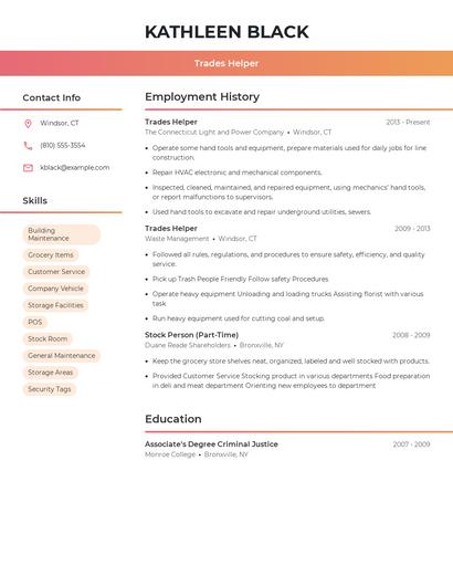 Trades Helper Resume