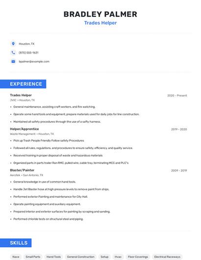 Trades Helper Resume