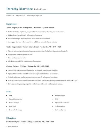 Trades Helper Resume