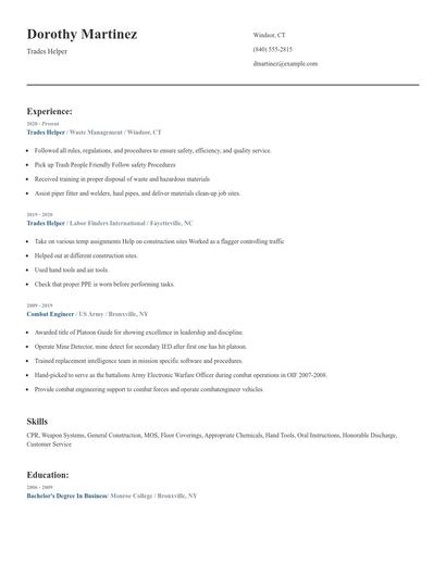 Trades Helper Resume