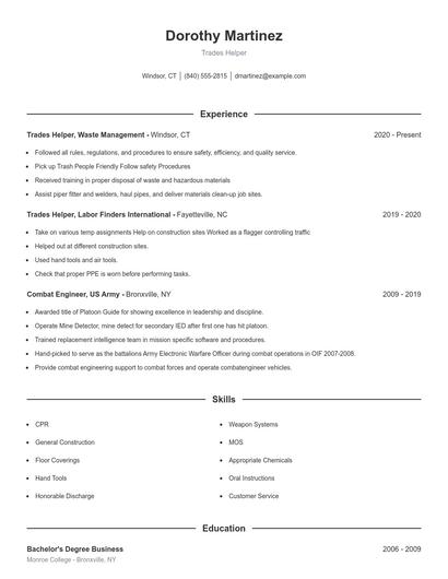 Trades Helper Resume