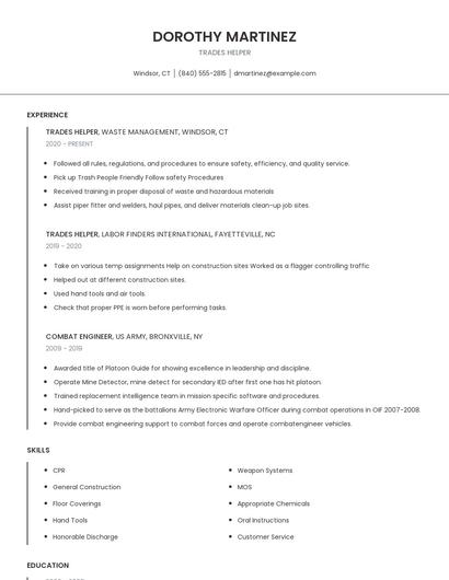 Trades Helper Resume