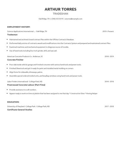 Tradesman Resume