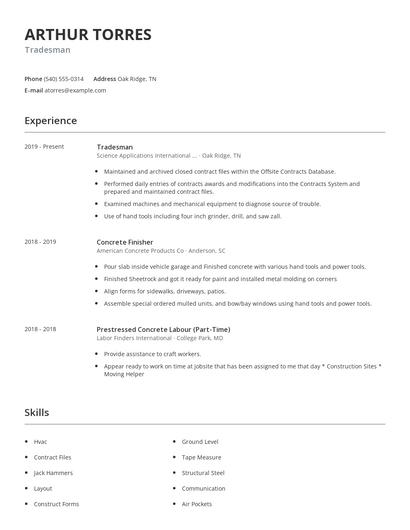 Tradesman Resume