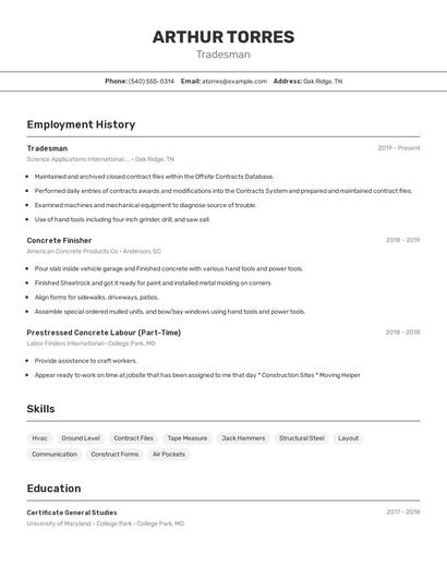 Tradesman Resume