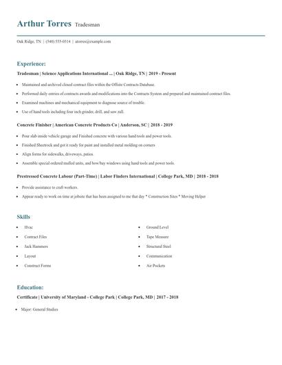 Tradesman Resume