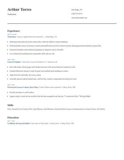Tradesman Resume