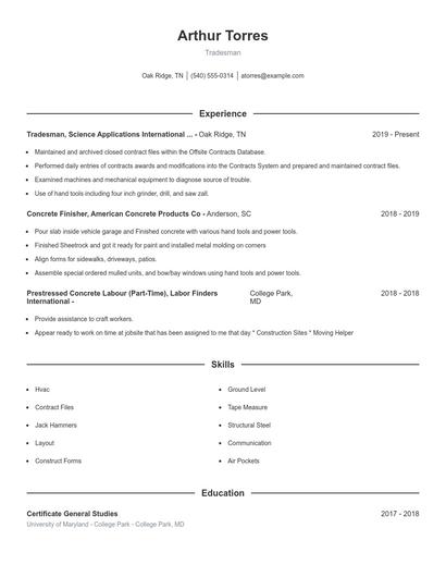 Tradesman Resume
