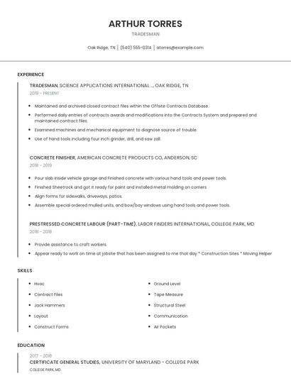 Tradesman Resume