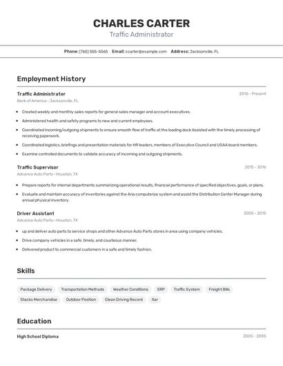 Traffic Administrator Resume