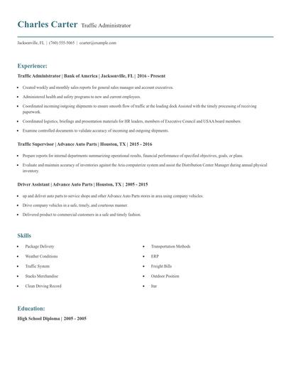 Traffic Administrator Resume