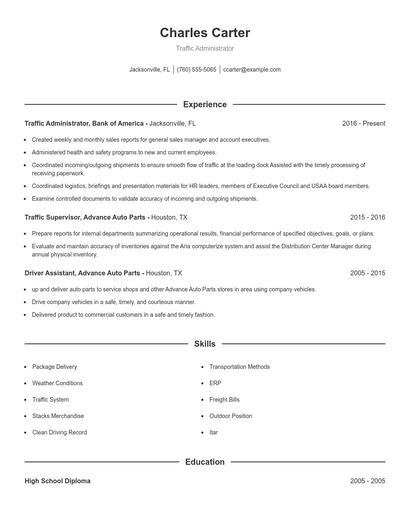 Traffic Administrator Resume