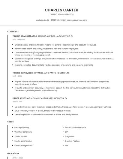 Traffic Administrator Resume