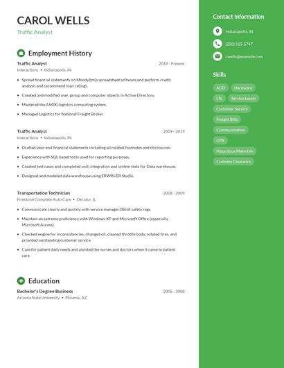 Traffic Analyst Resume