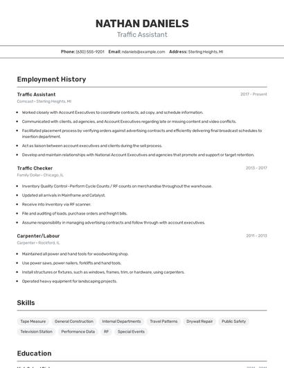 Traffic Assistant Resume