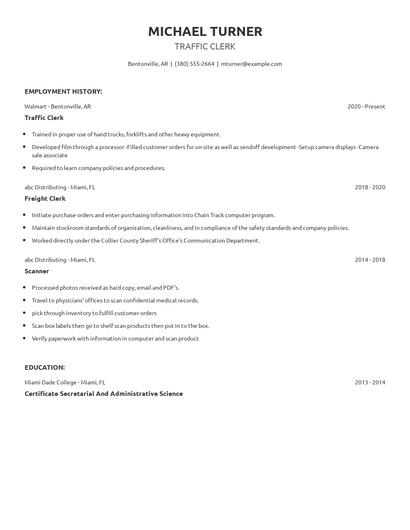 Traffic Clerk Resume