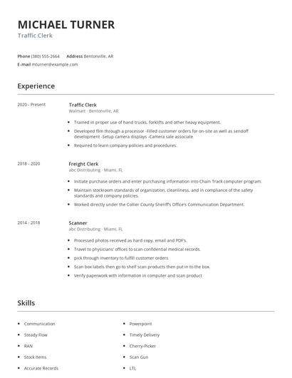 Traffic Clerk Resume