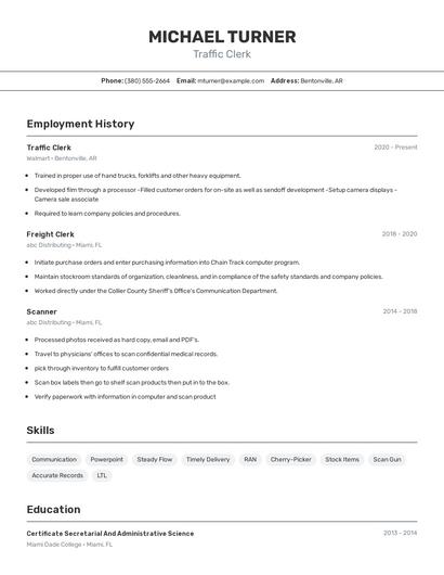 Traffic Clerk Resume