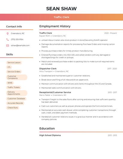 Traffic Clerk Resume