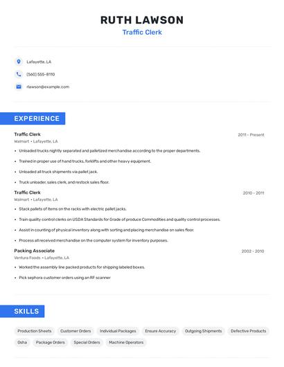 Traffic Clerk Resume