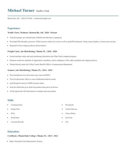 Traffic Clerk Resume