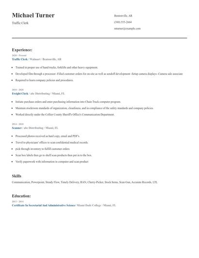 Traffic Clerk Resume