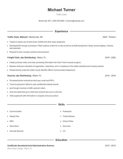 Traffic Clerk Resume
