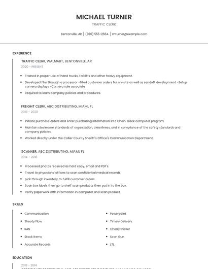 Traffic Clerk Resume
