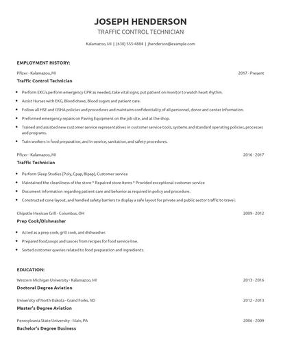 Traffic Control Technician Resume