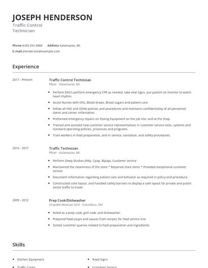 Traffic Control Technician Resume