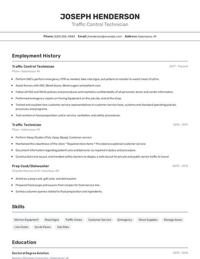 Traffic Control Technician Resume