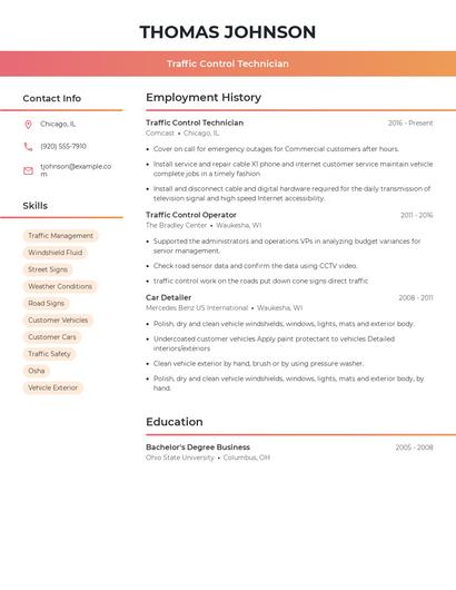 Traffic Control Technician Resume