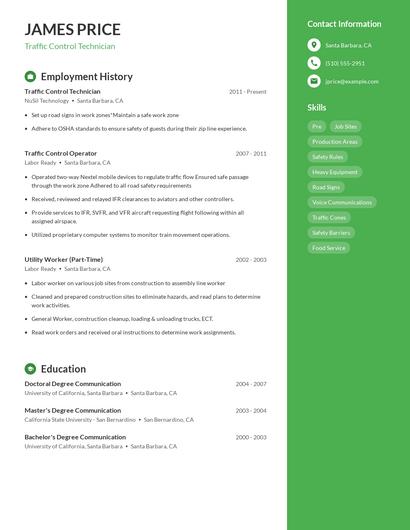 Traffic Control Technician Resume