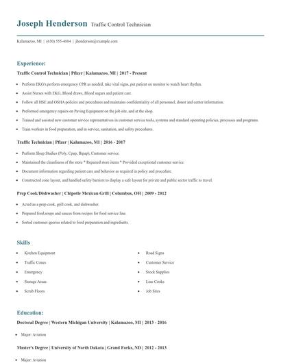 Traffic Control Technician Resume