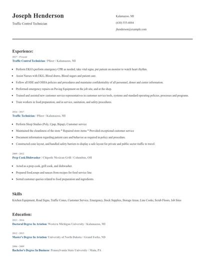 Traffic Control Technician Resume