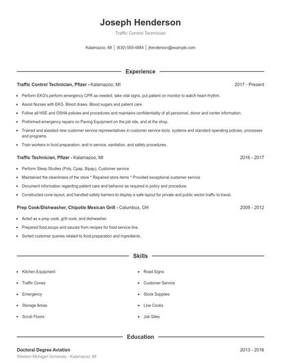 Traffic Control Technician Resume