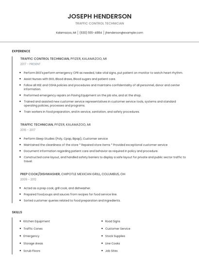 Traffic Control Technician Resume