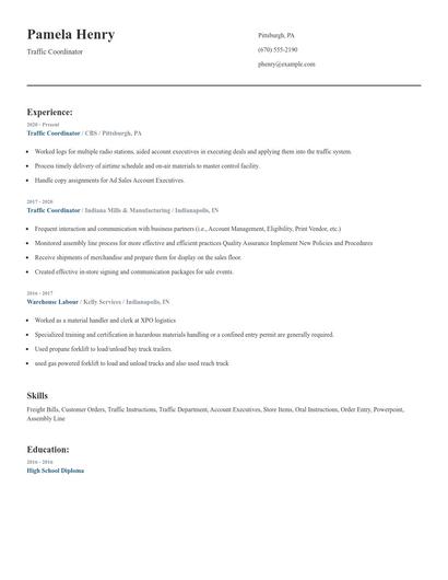 Traffic Coordinator Resume