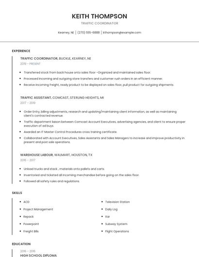 Traffic Coordinator Resume