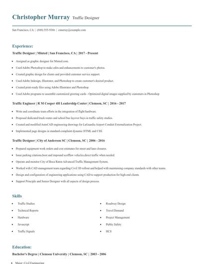 Traffic Designer Resume