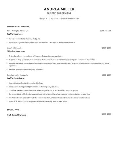 Traffic Supervisor Resume