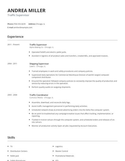 Traffic Supervisor Resume