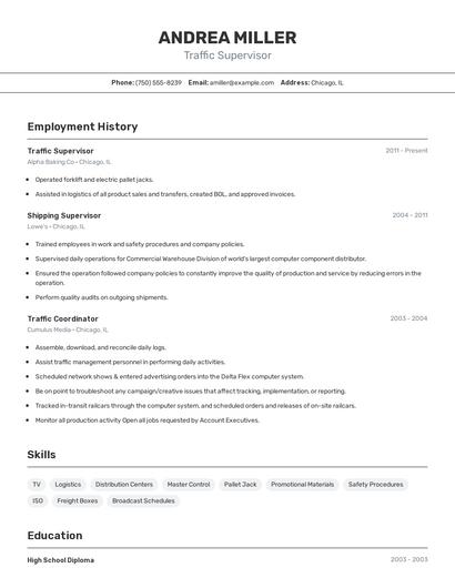Traffic Supervisor Resume
