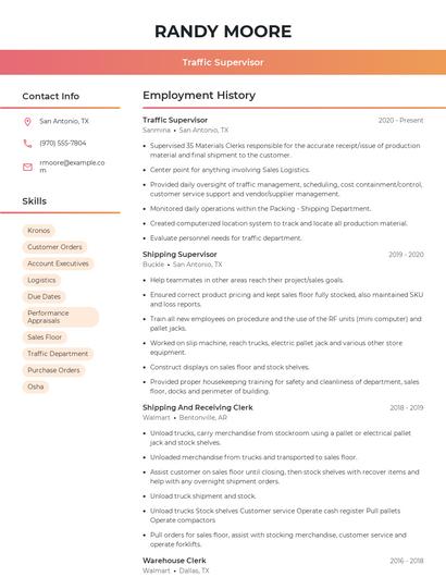 Traffic Supervisor Resume