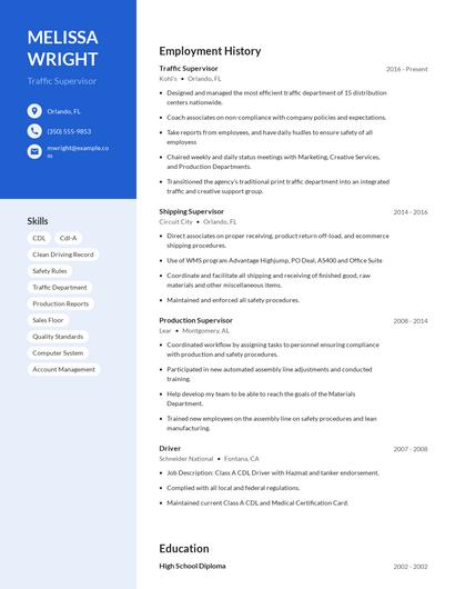 Traffic Supervisor Resume