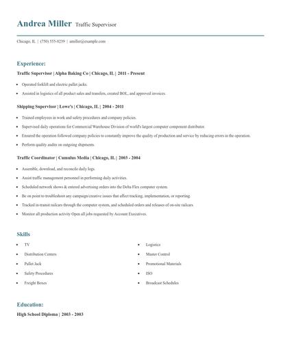 Traffic Supervisor Resume