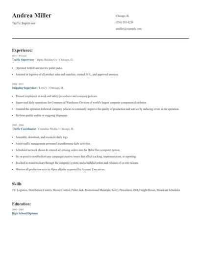 Traffic Supervisor Resume