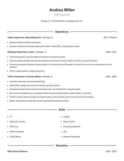 Traffic Supervisor Resume