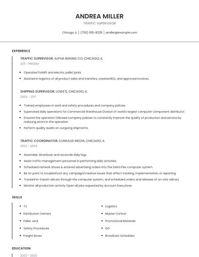 Traffic Supervisor Resume